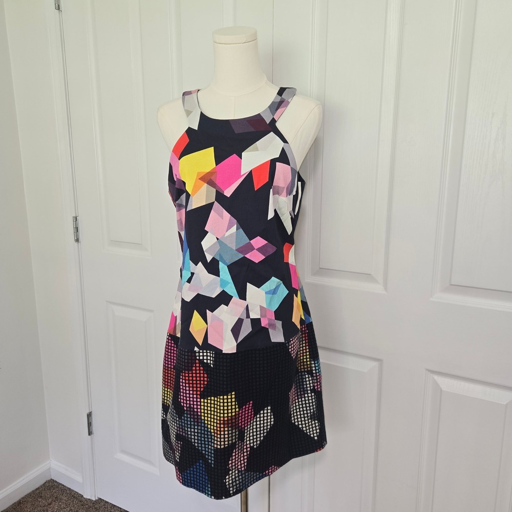 Trina Turk Sheath Dress Women 10 Navy Multicolor Geometric Halter Mosaic R141530